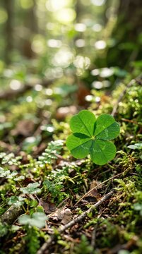 A rare four-leaf clover discovered on the lush forest floor, with sparkling sunlight filtering through a soft, green, blurred background, foliage, background, growth