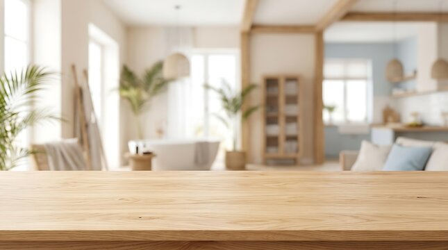 Empty Wooden Table Top Product Display Mockup with Blurred Modern Boho Interior Background for Website Banner Template