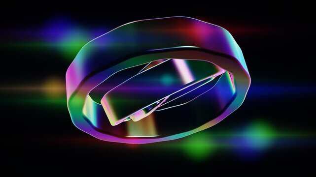 Prismatic glass rings rotating gracefully dark void with iridescent light refractions for technology branding
