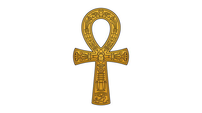 Golden egyptian ankh symbol with intricate engravings on white