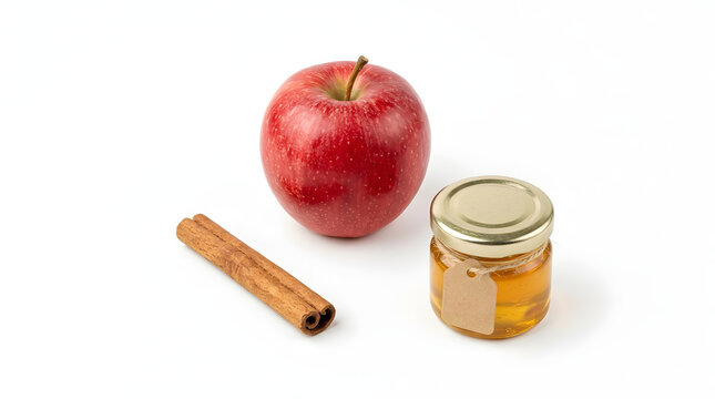Fresh red apple fruit displayed with a wooden aromatic cinnamon spice stick and a small glass container filled with sweet golden honey for organic autumn baking ingredients and healthy food