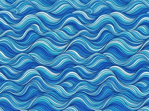 A vibrant, repeat tile of continuous wavy lines, forming a rolling blue ocean pattern across a clean surface. Ideal for fabric or background designs, ripple, endless, sea