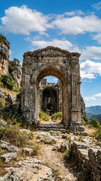 A view of a large, weather-beaten stone archway forming the grand entrance to an abandoned ancient structure, flanked by rugged terrain, overgrown, archeology, abandoned