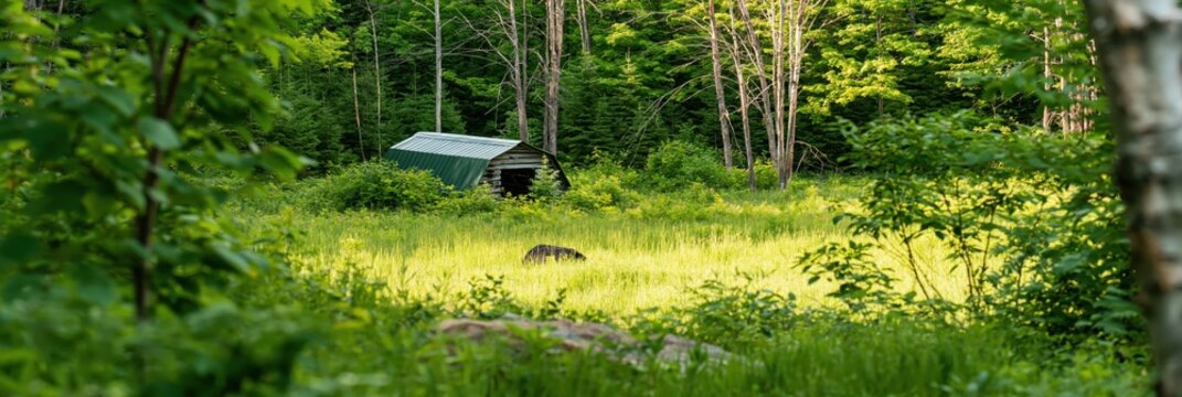 Bear grazing in a meadow near a rustic shed in a forest