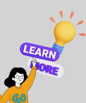 A woman points to the &ldquo;LEARN MORE&rdquo; button with a light bulb icon