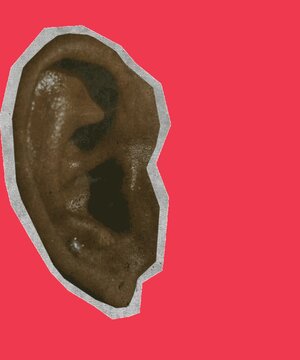 A surreal collage of a giant human ear in the paper-cut style