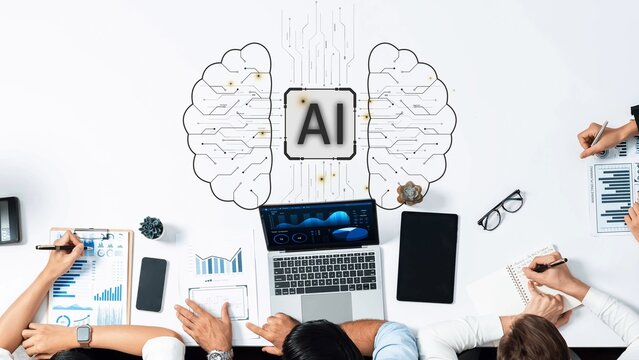 A creative workspace scene showcasing the intersection of artificial intelligence and data analysis. Elements include laptops, charts, and brainstorming tools for innovative ideas. Raster