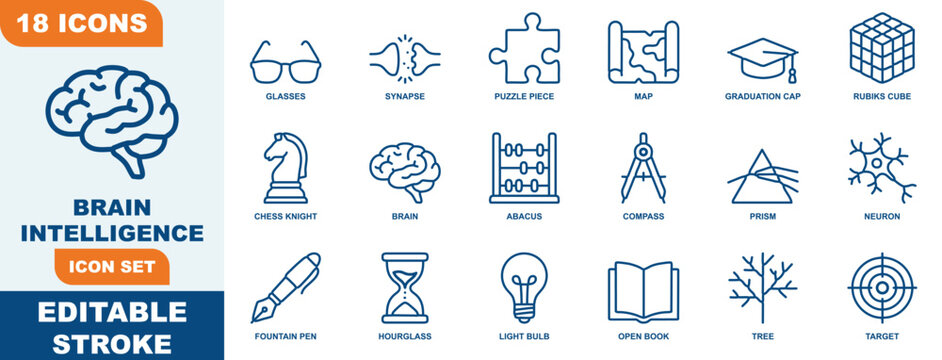 Brain intelligence icon set with editable stroke containing 18 blue outline symbols representing knowledge, science, and learning