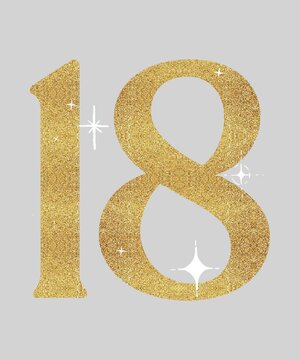 The number 18 in a typeface with a shimmering gold texture