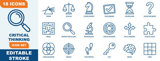 Critical thinking icon set featuring blue line symbols for problem solving and analysis concepts line icons © Arthur