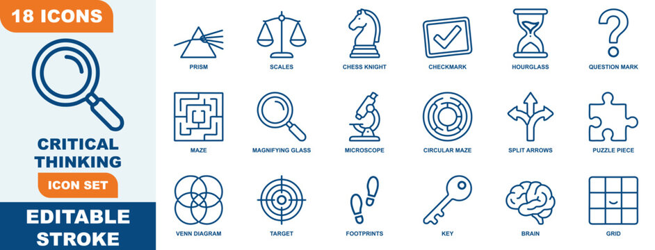 Critical thinking icon set featuring blue line symbols for problem solving and analysis concepts line icons