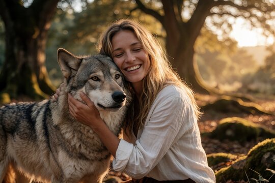 Smiling blonde woman hugs grey wolf in autumn forest. Young lady shows affection to wild predator during sunset. Happy female feels deep bond with animal in nature. Beautiful girl embraces furry