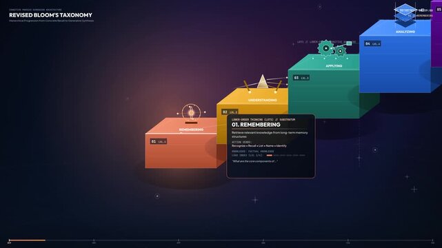 Animated infographic of the revised Bloom's taxonomy cognitive hierarchy showing six learning levels from remembering to creating with text descriptions and 3D colorful blocks on a dark background