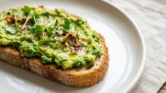 Close-up shot of avocado toast with selective focus on red pepper flakes, olive oil drizzle, and creamy green textures on artisanal bread, vibrant, clean, healthy