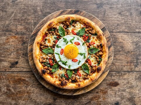 Delicious pad kra pao fusion pizza with spicy basil chicken, a crispy crust, cheese, and a fried egg on a wooden table, shot overhead, wooden, topping, lunch