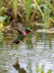 Fototapeta premium Dynamic action shot captures a ruby-throated hummingbird hovering over a tranquil pond with rippling water and reflections in natural light, hummingbird, natural light, ecosystem