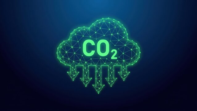 Green digital co2 cloud icon with downward arrows representing carbon emission reduction
