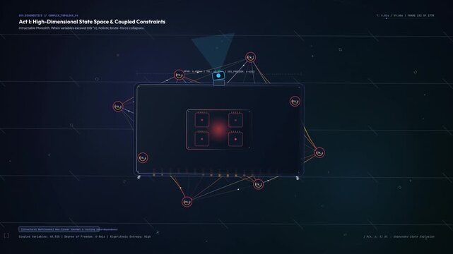 Animated technical infographic demonstrating computational thinking and problem decomposition, illustrating the process of breaking down complex systems into manageable algorithms