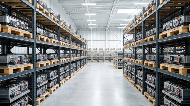 Industrial warehouse filled with tall racks stacking countless lithium-ion battery packs for electric vehicles, showcasing high supply and logistics, automotive, storage, output