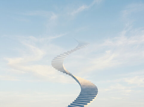 Surreal winding concrete staircase ascending into the blue sky and clouds, concept of success and spiritual journey