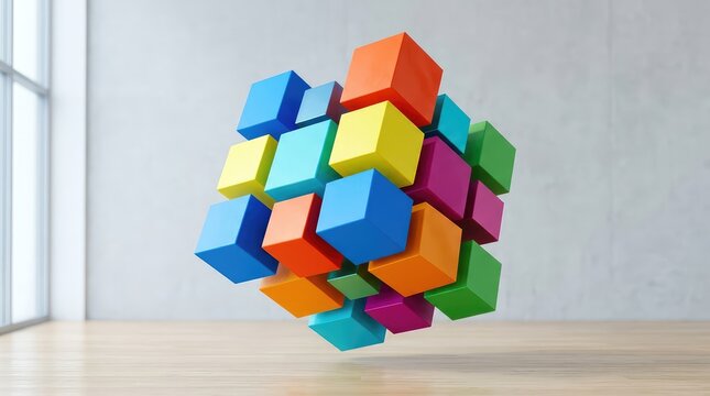 Modern three-dimensional abstraction of geometric cubes arranged randomly in perspective, featuring subtle texture and soft daylight, minimalist, volumetric, structure