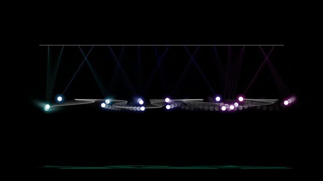 Glowing pendulum wave experiment with multiple light balls moving in a dark rhythmic pattern