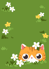 Cute orange cat peeking from a grassy meadow surrounded by wildflowers, creating a charming cartoon background for children's designs, stationery, cards, and seasonal projects. © Pavika