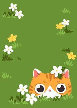 Cute orange cat peeking from a grassy meadow surrounded by wildflowers, creating a charming cartoon background for children's designs, stationery, cards, and seasonal projects.