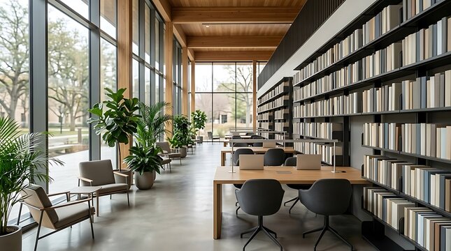 Modern library interior with wooden architecture and bookshelves along a large glass window wall