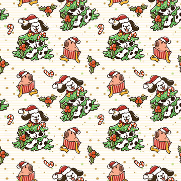 Cute Christmas seamless pattern featuring Dalmatian dogs dressed as Christmas trees and capybaras in gift boxes, with candy canes, holly, Perfect for holiday wrapping paper and fabric.