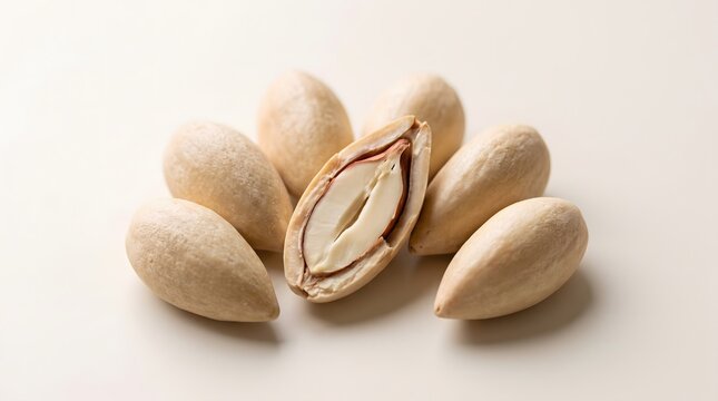 Close-up of raw light-colored pili nuts arranged in a circle with one nut split open to reveal the white kernel