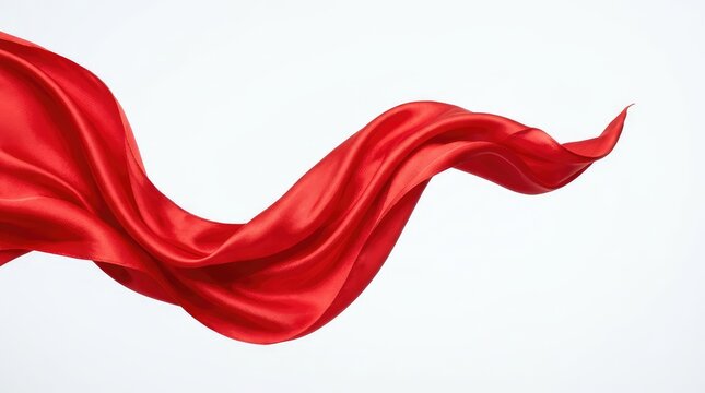 Silky red fabric forms a dynamic, flowing wavy shape against a white background, suggesting abstract fluid motion for elegant, festive design, abstract, fluid, wind