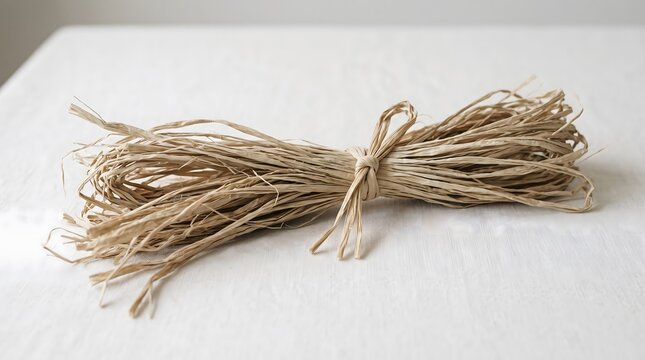 A bundle of light brown natural raffia fibre strands neatly tied together with a bow on a clean white surface