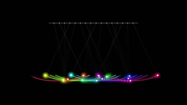 Colorful glowing pendulum wave motion showing physics experiment with multiple lights hanging on strings against a dark background