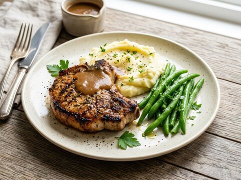 Roasted pork chop served with creamy mashed potatoes, gravy, and green beans. Perfectly grilled meat dinner on a plate with fresh parsley garnish, gravy, lunch, dinner