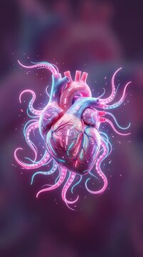 Surreal digital art fusion of an anatomical heart with glowing pink tentacles, blending biological textures and sci-fi glowing elements, intricate, surreal, pink