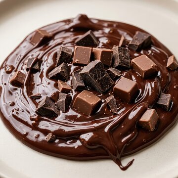 Texture golosa e ravvicinata con cioccolato fuso denso e lucido, arricchita da pezzi assortiti e cubetti di cioccolato fondente e al latte, texture, mosso, irregolare