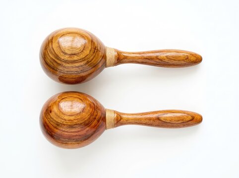 Two traditional wooden maracas with natural grain patterns, resting horizontally, perfectly isolated on a pure white background, wood, horizontal, percussion
