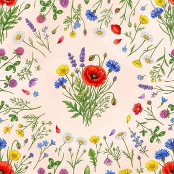 Una vivace trama floreale senza cuciture con fiori di campo misti, petali, foglie e boccioli su un fondo pastello tenue, stile illustrazione botanica, rosa, floreale, primavera
