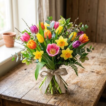 Vibrant spring bouquet featuring tulips, daffodils, and greenery tied with a natural ribbon, resting on a rustic wooden table in natural light, garden, easter, colorful