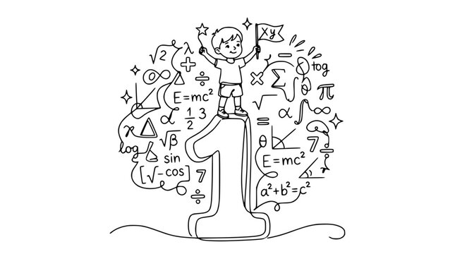 Boy celebrating on number 1 surrounded by math symbols, education concept, isolated