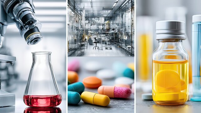 Close-up View of Laboratory Equipment and Chemical Reactions Featuring Beakers, Pills, and Scientific Tools in Modern Setting