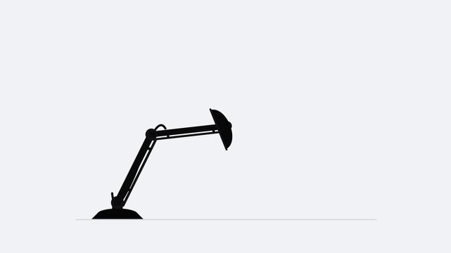 Seamless 8-second animation of an articulated desk lamp in a clean black silhouette vector style. Features realistic mechanical rotation, subtle overshoot, secondary cable motion, and a micro-tilt act
