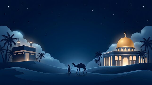 Beautiful Islamic night background featuring the Kaaba in Mecca and Al-Aqsa Dome of the Rock in Jerusalem, with a silhouette of a traveler leading a camel in the desert desert under a crescent moon.