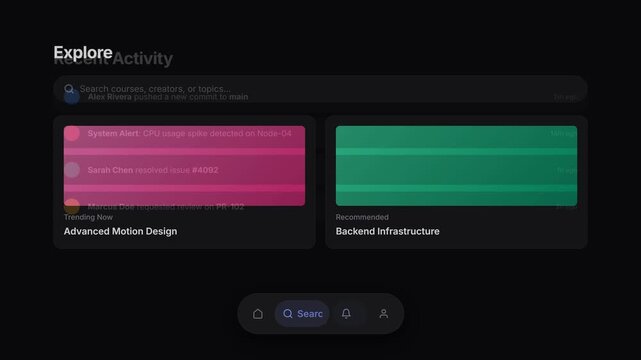 Space-saving bottom navigation concept featuring an expanding pill animation. Panels are populated with rich mockup dashboard content.