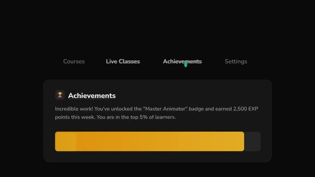 Friendly dark mode tab navigation with a parabolic bouncing dot and squash-and-stretch physics, suitable for edutech or startup apps.