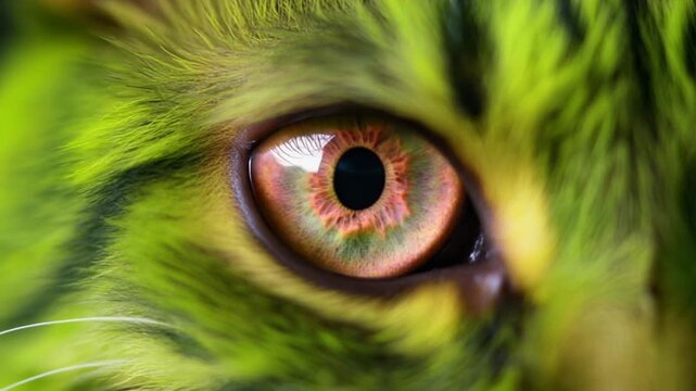 Extreme macro photorealistic footage of a beautiful cat eye with vivid neon-green fur and unique pink-magenta iris
