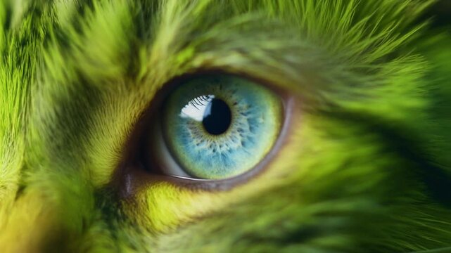 Extreme macro photorealistic footage of a beautiful cat eye with vivid neon-green fur and bright turquoise-cyan iris
