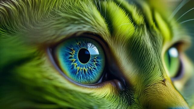 Extreme macro photorealistic footage of a beautiful cat eye with vivid neon-green fur and electric blue iris
