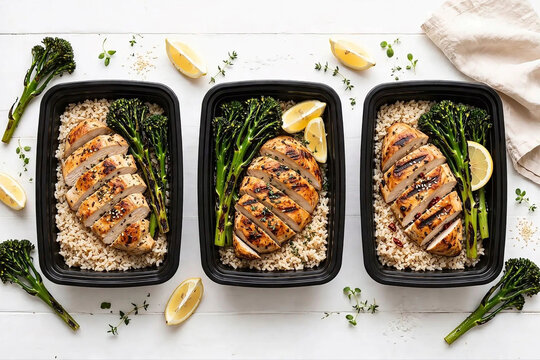 Healthy Meal Prep Containers with Grilled Chicken and Charred Broccolini Top View, Generative AI
